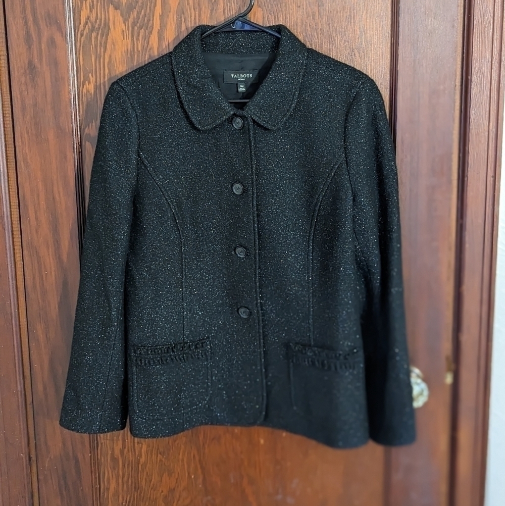 Talbots Black Shimmery Sparkle Long Sleeve Business Professional Blazer Size 14P